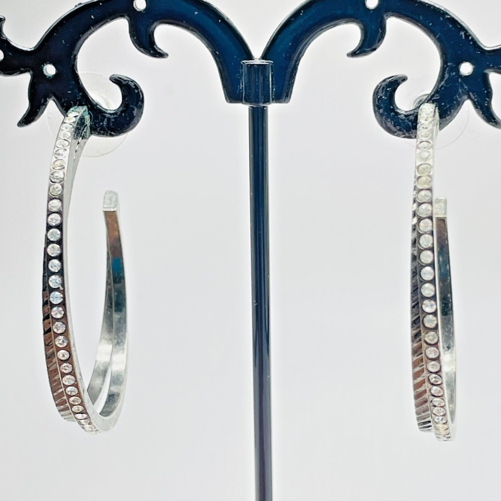 Silver Tone Rhinestone Hoop Earrings Pierced Round Sparkly Fashion Jewelry